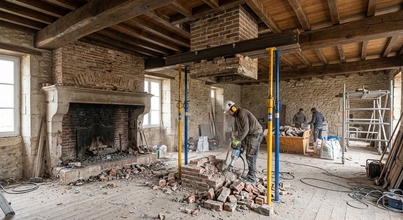 Démolition du foyer d'une cheminée avec reprise de charge du conduit au plafond.