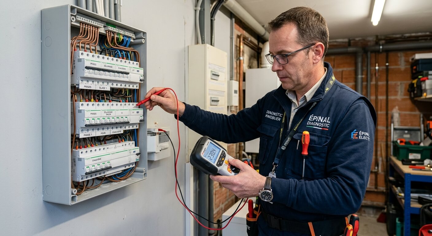 Diagnostiqueur contrôlant un tableau électrique avec un appareil de mesure.