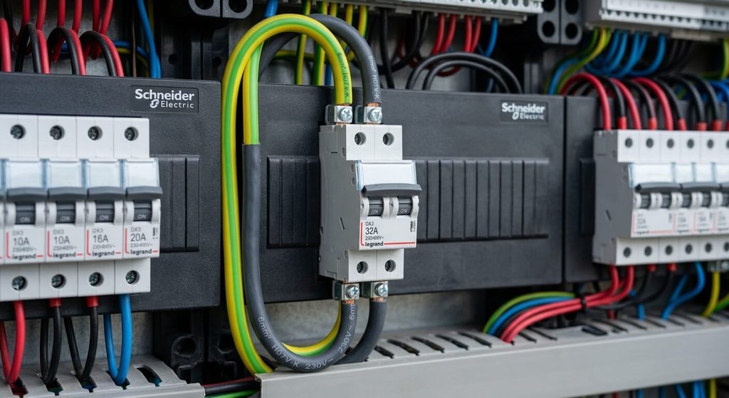 Brancher une cuisinière électrique sur une prise normale : risques, normes et raccordement 32A 3 Disjoncteur divisionnaire 32A avec fils électriques de section 6 mm2 dans un tableau électrique.