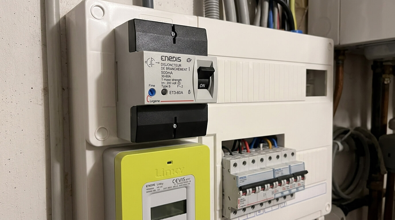 Disjoncteur général d'abonné Enedis installé sur le panneau d'affichage électrique.