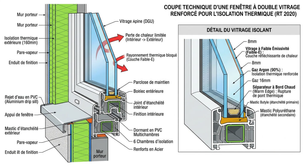 Comment bien choisir ses fenêtres pour limiter les déperditions de chaleur 4 Coupe technique d'une fenêtre à double vitrage renforcé pour limiter les pertes de chaleur.
