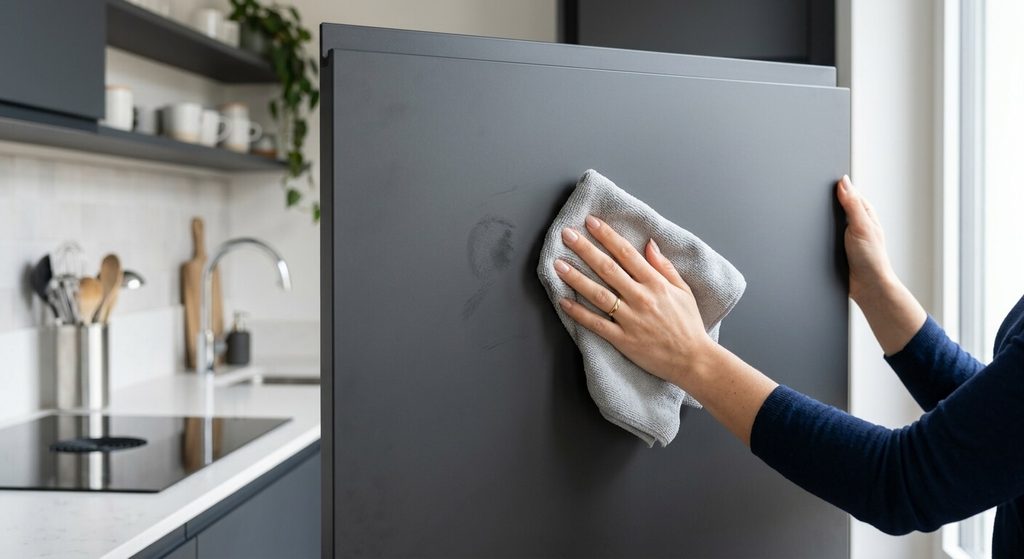 Nettoyage facile d'une porte de placard en laque laminate mate avec un chiffon doux.
