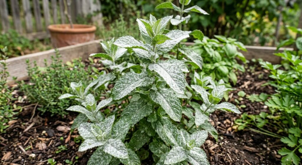 Oïdium sur la menthe : les feuilles sont-elles comestibles et comment traiter ? 2 Poussière blanche farineuse d'oïdium recouvrant les feuilles d'un pied de menthe au potager.