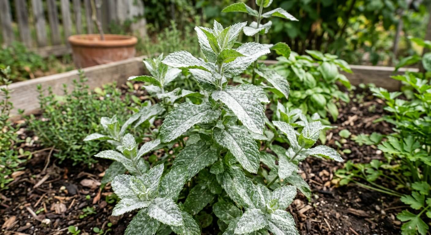 Poussière blanche farineuse d'oïdium recouvrant les feuilles d'un pied de menthe au potager.