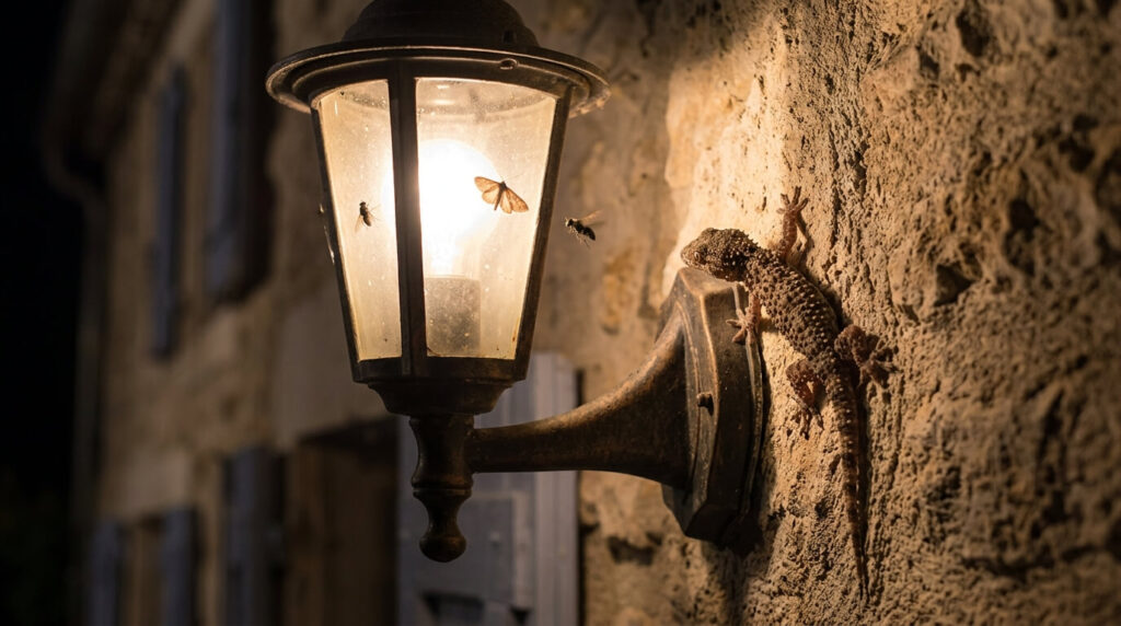 Tarente dans la maison : faut-il s'inquiéter ? 4 Un petit gecko du Sud grimpant près d'une lampe pour attraper des insectes.