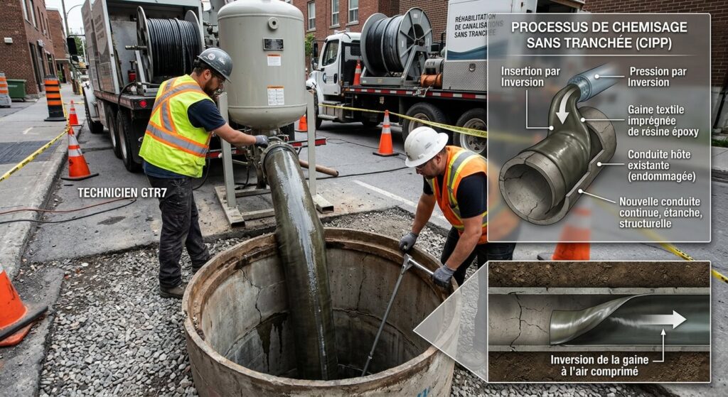 Chemisage de canalisation sans tranchée : comment ça fonctionne ? 3 Insertion d'une gaine imprégnée de résine époxy dans une conduite pour un chemisage sans tranchée.