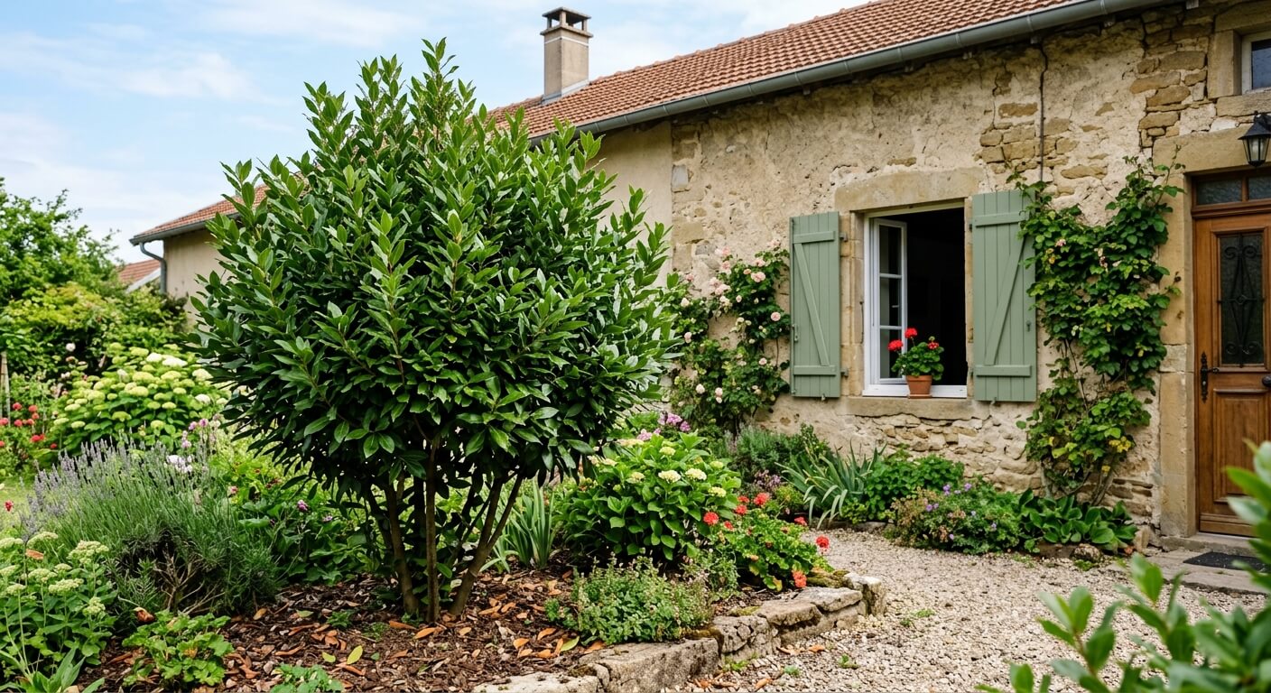 Laurier-sauce vigoureux planté dans un jardin à proximité d'une façade.Laurier-sauce vigoureux planté dans un jardin à proximité d'une façade.