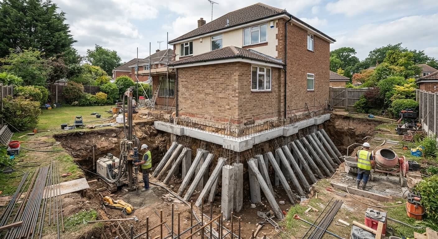 Maison individuelle stabilisée sur des fondations profondes par micropieux en béton armé.