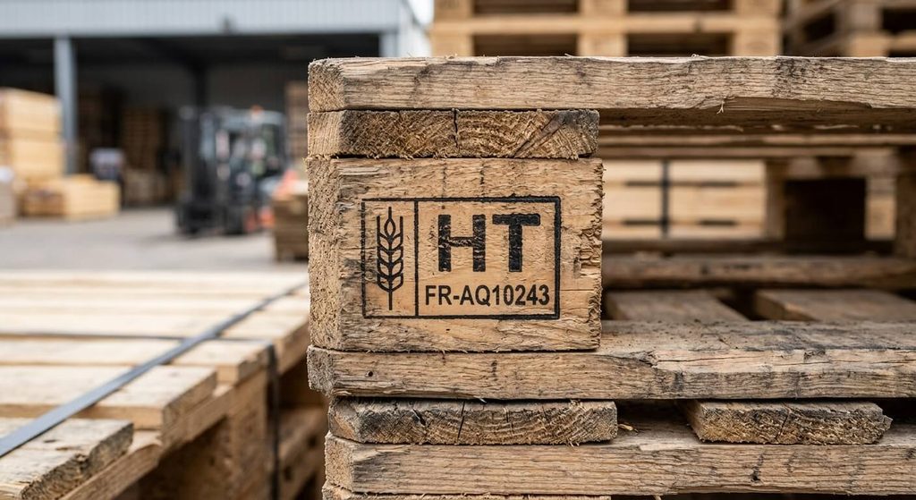 Gros plan sur le sigle de traitement thermique HT sur un plot de palette en bois.