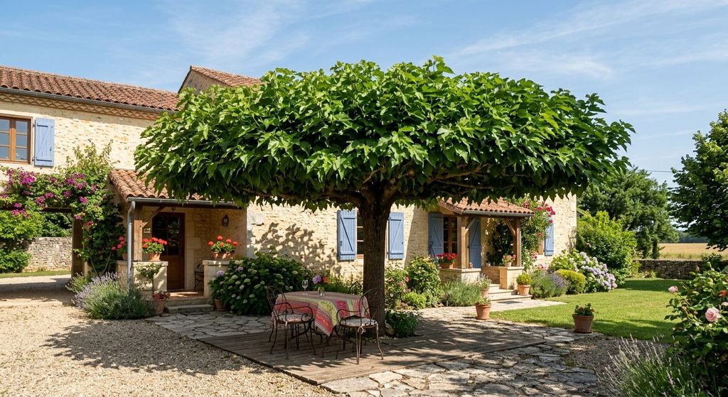 Mûrier platane taillé en parasol procurant de l'ombre à proximité d'une maison individuelle.