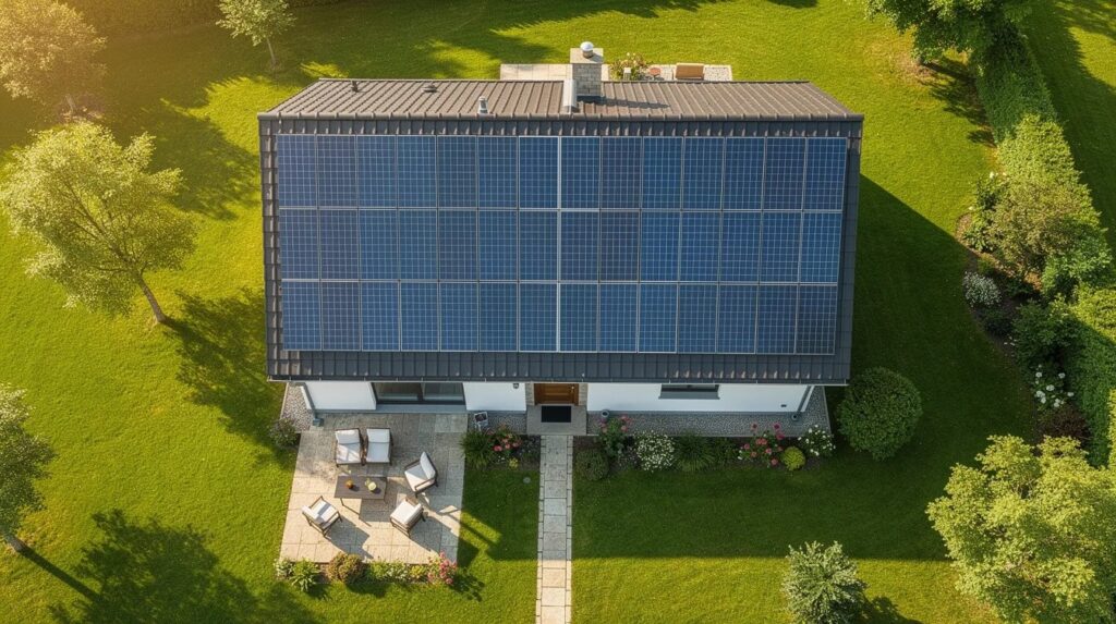 Électricité solaire : produire est devenu facile, bien la valoriser reste tout l'enjeu 3 Installation de panneaux solaires photovoltaïques sur le toit d'une maison individuelle pour produire de l'électricité.
