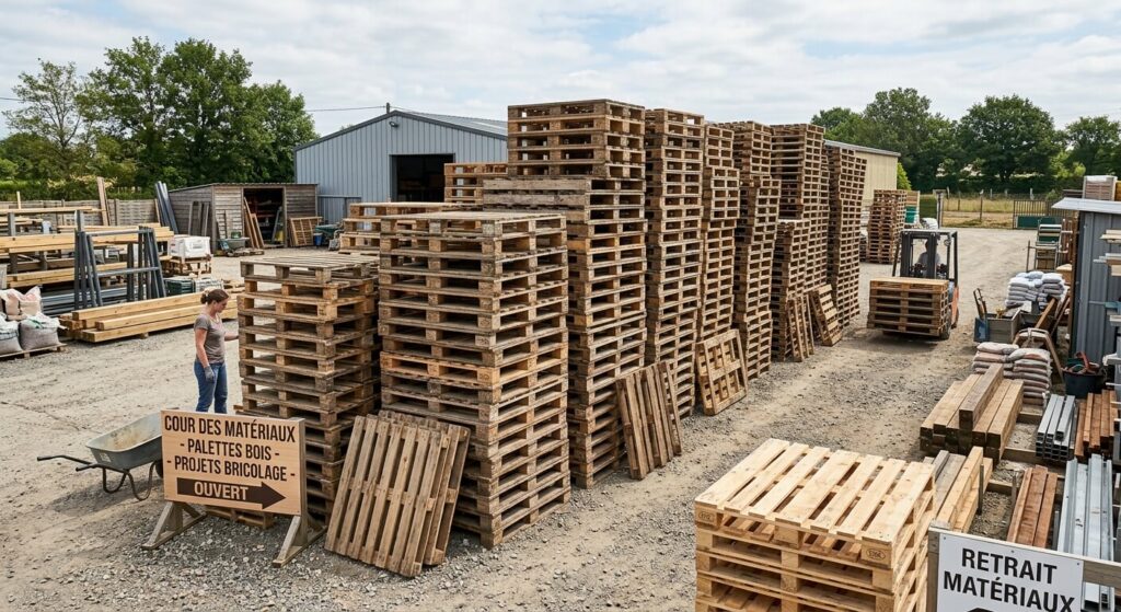 Piles de palettes en bois stockées dans la cour des matériaux pour projets de bricolage.