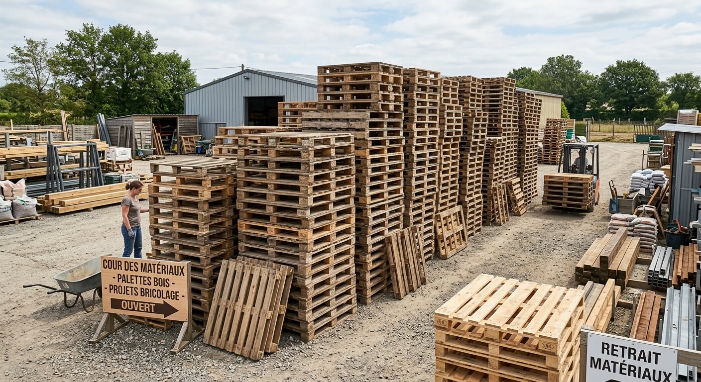 Piles de palettes en bois stockées dans la cour des matériaux pour projets de bricolage.
