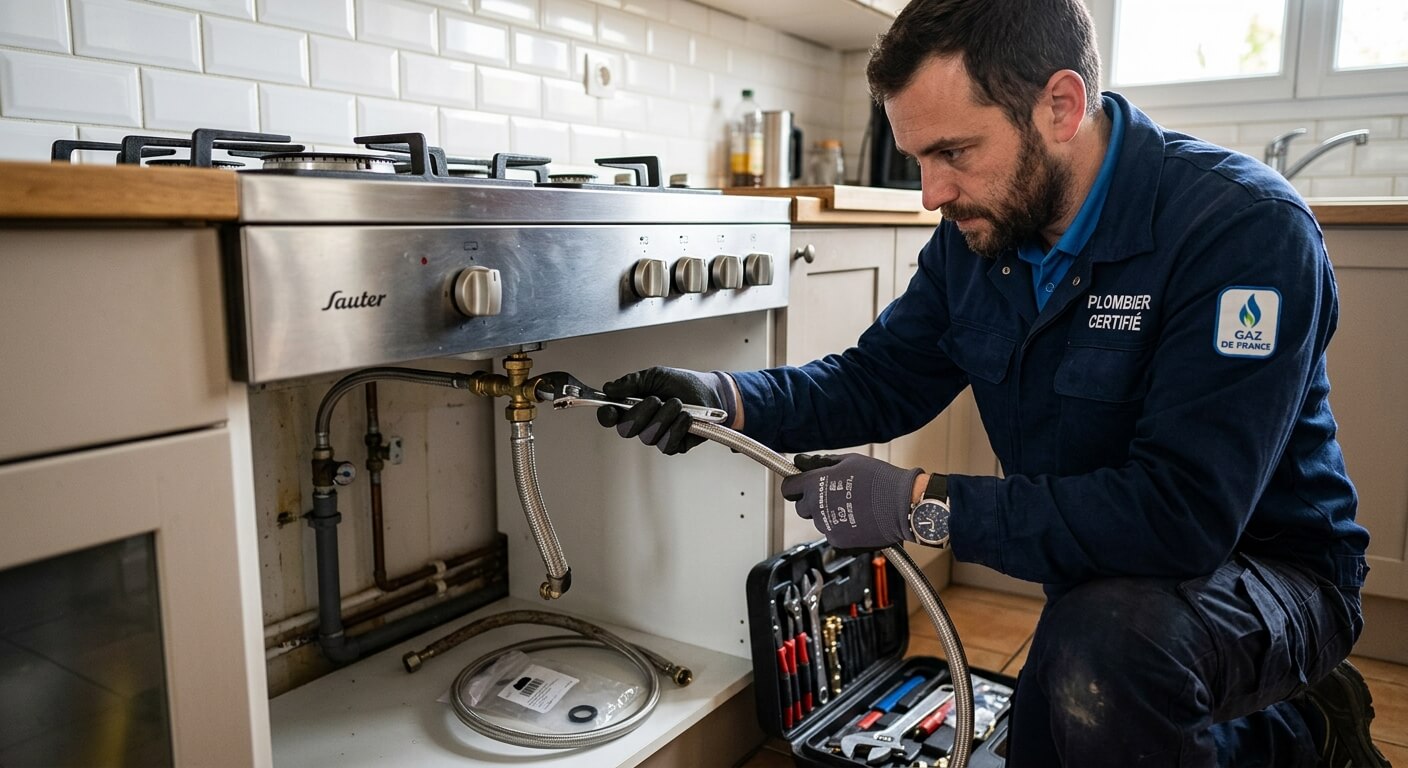 Plombier certifié remplaçant le flexible de raccordement d'une gazinière avec joint neuf.