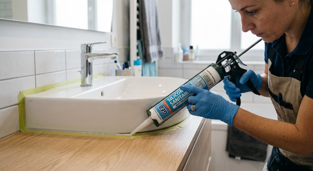 Application d'un cordon de mastic silicone sanitaire sur le plateau d'un meuble de salle de bains.