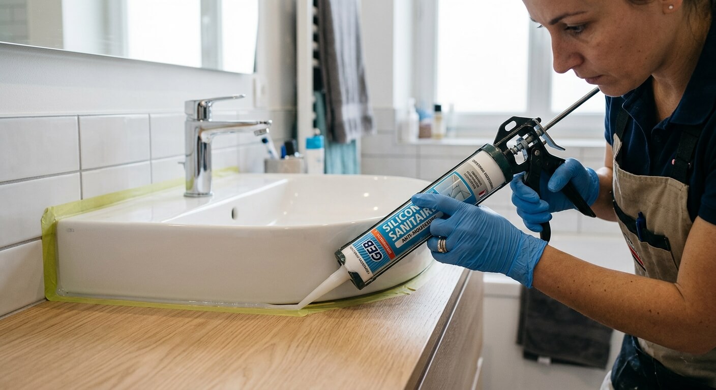 Application d'un cordon de mastic silicone sanitaire sur le plateau d'un meuble de salle de bains.