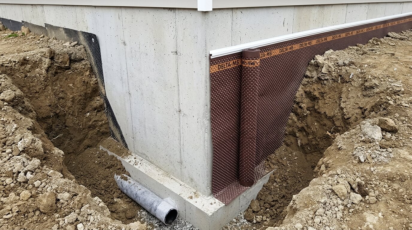 Nappe de protection alvéolaire Delta MS fixée sur un mur de soubassement enterré avec profilé de finition.