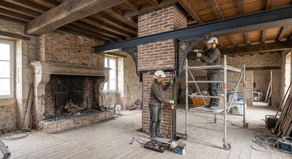 Enlever une cheminée et laisser le conduit : règles de soutien, risques et étapes 4 Installation d'un profilé IPN et d'un corbeau métallique pour soutenir un boisseau de cheminée.