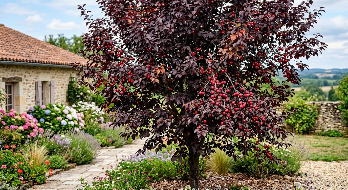 Prunier d'ornement au feuillage pourpre et petits fruits rouges.