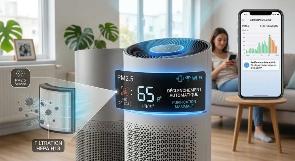Purificateur d'air connecté qui se déclenche automatiquement en cas de pic de particules fines.