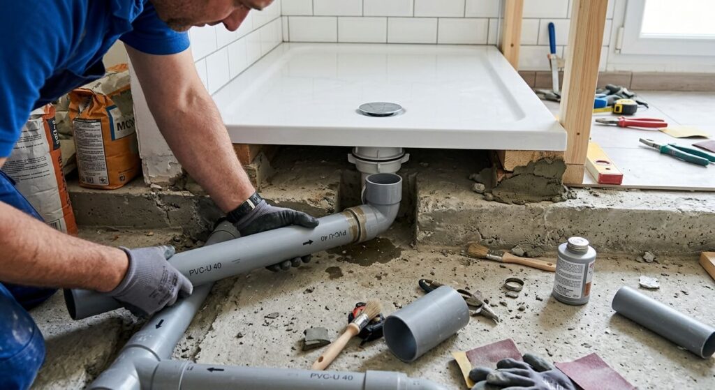 Évacuation de douche : faut-il choisir un tuyau de 40 mm ou 50 mm ? 2 Raccordement d'un tuyau d'évacuation PVC sous un receveur de douche.