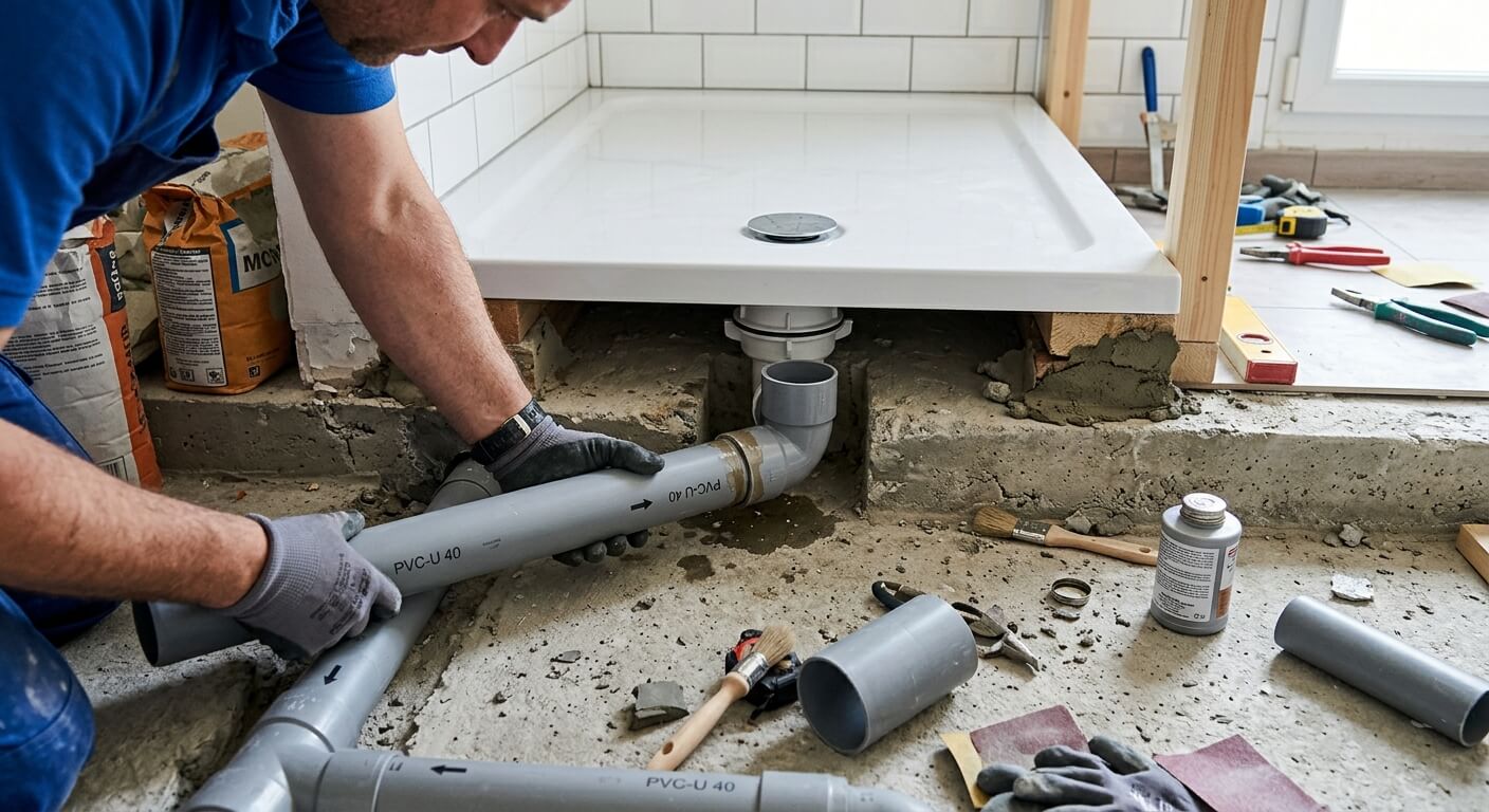 Raccordement d'un tuyau d'évacuation PVC sous un receveur de douche.