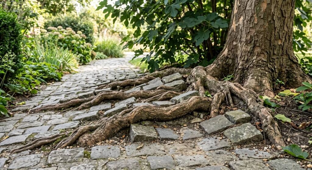 Racines épaisses et traçantes d'un mûrier platane soulevant les pavés d'une allée.