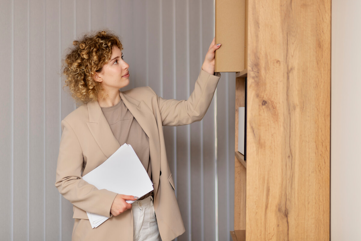 Meuble de rangement sur-mesure avec tiroirs coulissants installé sous un escalier en bois.