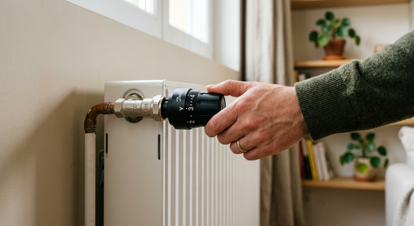 Main réglant la molette d'un robinet thermostatique de radiateur sur le chiffre 3.