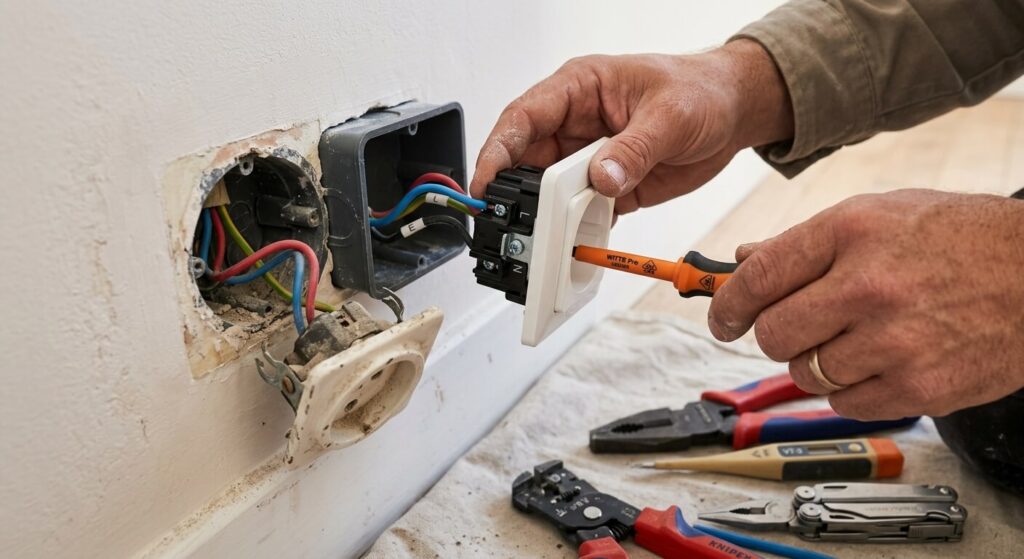 Prise à griffe interdite : règles, risques et mise aux normes 2 Remplacement d'une ancienne prise électrique à griffes par un modèle à vis.