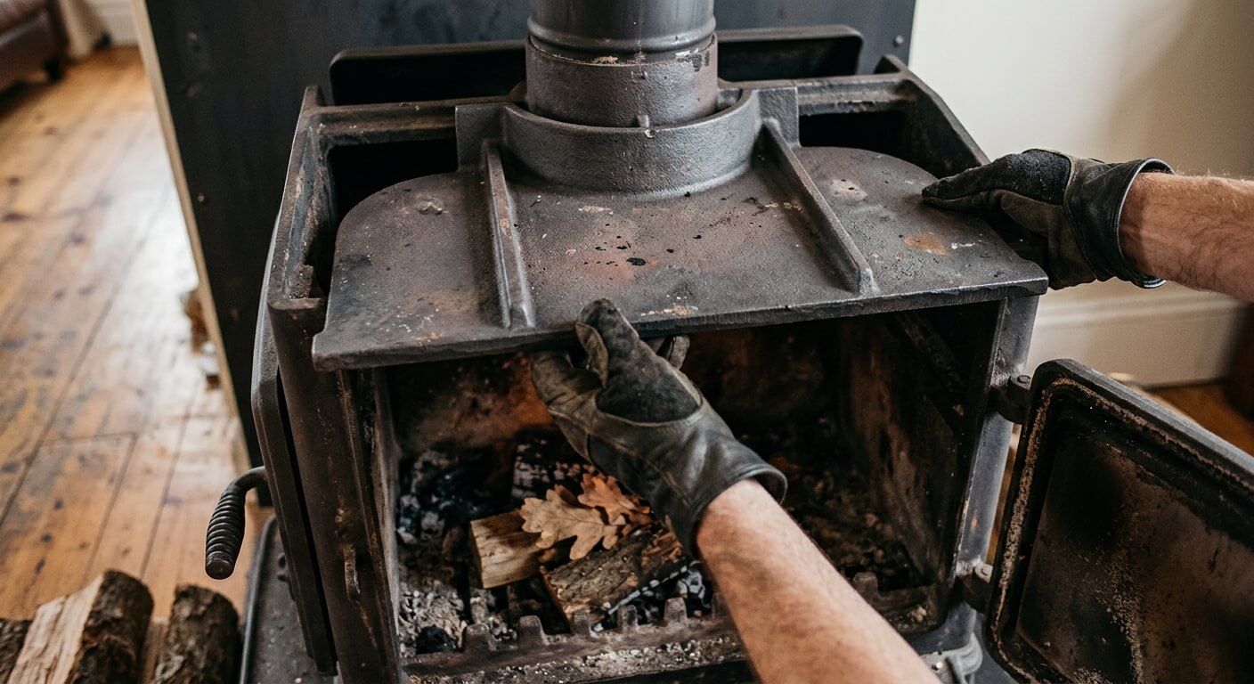 Positionnement de la plaque déflecteur de fumée en fonte au sommet de la chambre de combustion d'un poêle.