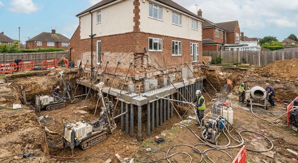 Chantier de reprise en sous-œuvre avec injection de micropieux pour consolider les fondations.