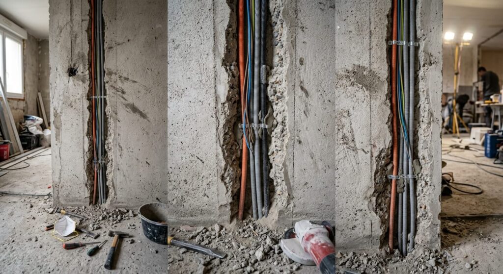 Saignée dans un mur porteur en copropriété : ce qui est autorisé 2 Saignée murale réalisée dans un mur en béton pour le passage de gaines électriques.