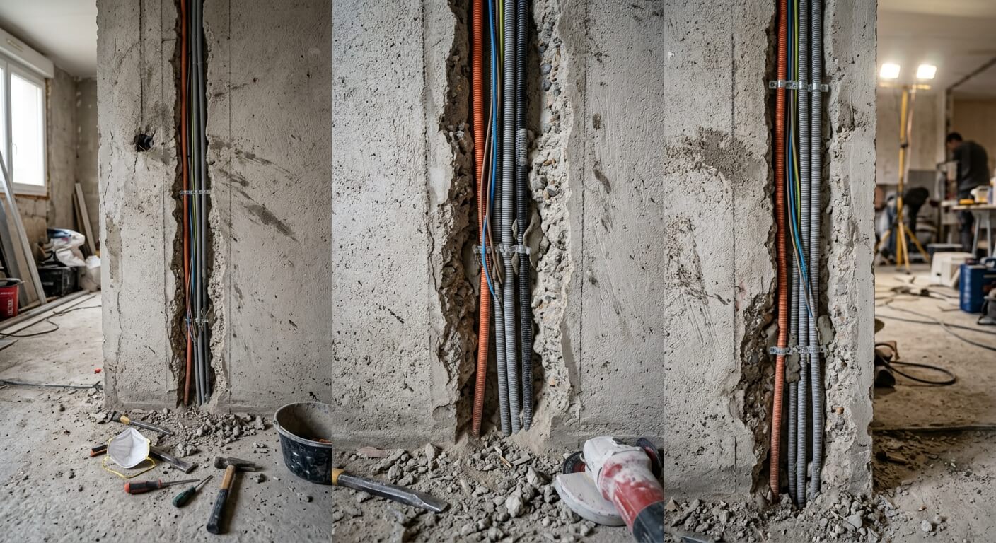 Saignée murale réalisée dans un mur en béton pour le passage de gaines électriques.
