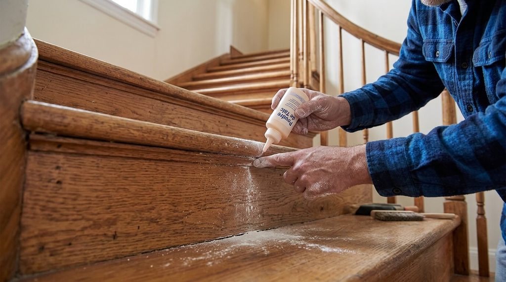 Application de poudre de talc dans les interstices d'un escalier en bois pour supprimer les bruits de frottement.