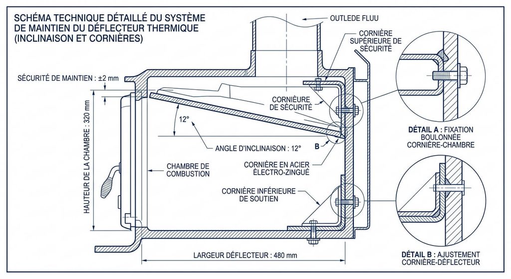 Schéma technique montrant l'inclinaison et les cornières de maintien du déflecteur thermique.