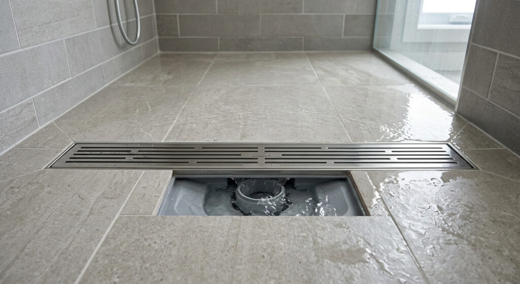 Évacuation de douche : faut-il choisir un tuyau de 40 mm ou 50 mm ? 4 Vue sur la bonde d'évacuation à haut débit d'une douche à l'italienne.