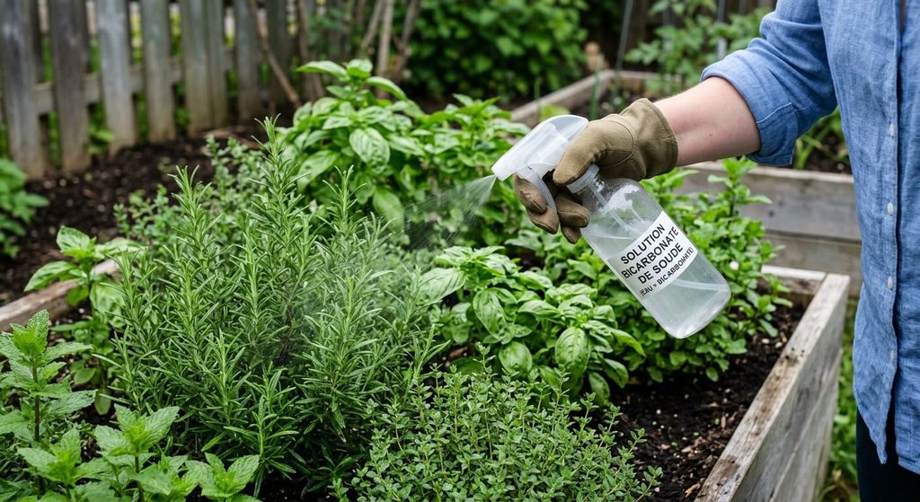 Oïdium sur la menthe : les feuilles sont-elles comestibles et comment traiter ? 3 Pulvérisation d'une solution de bicarbonate de soude sur des herbes aromatiques.