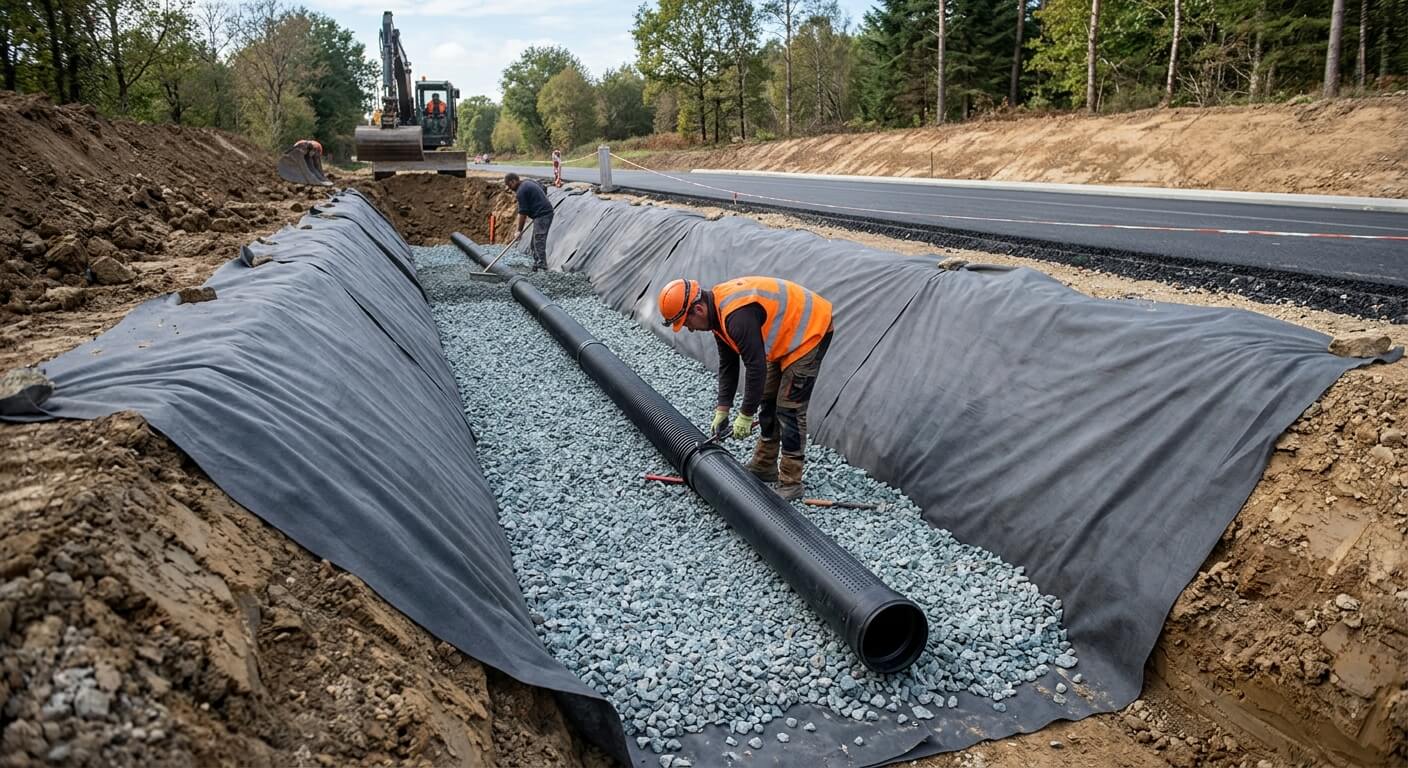 Tranchée avec géotextile, lit de graviers et tuyau de drain routier à fond plat en cours d'installation.