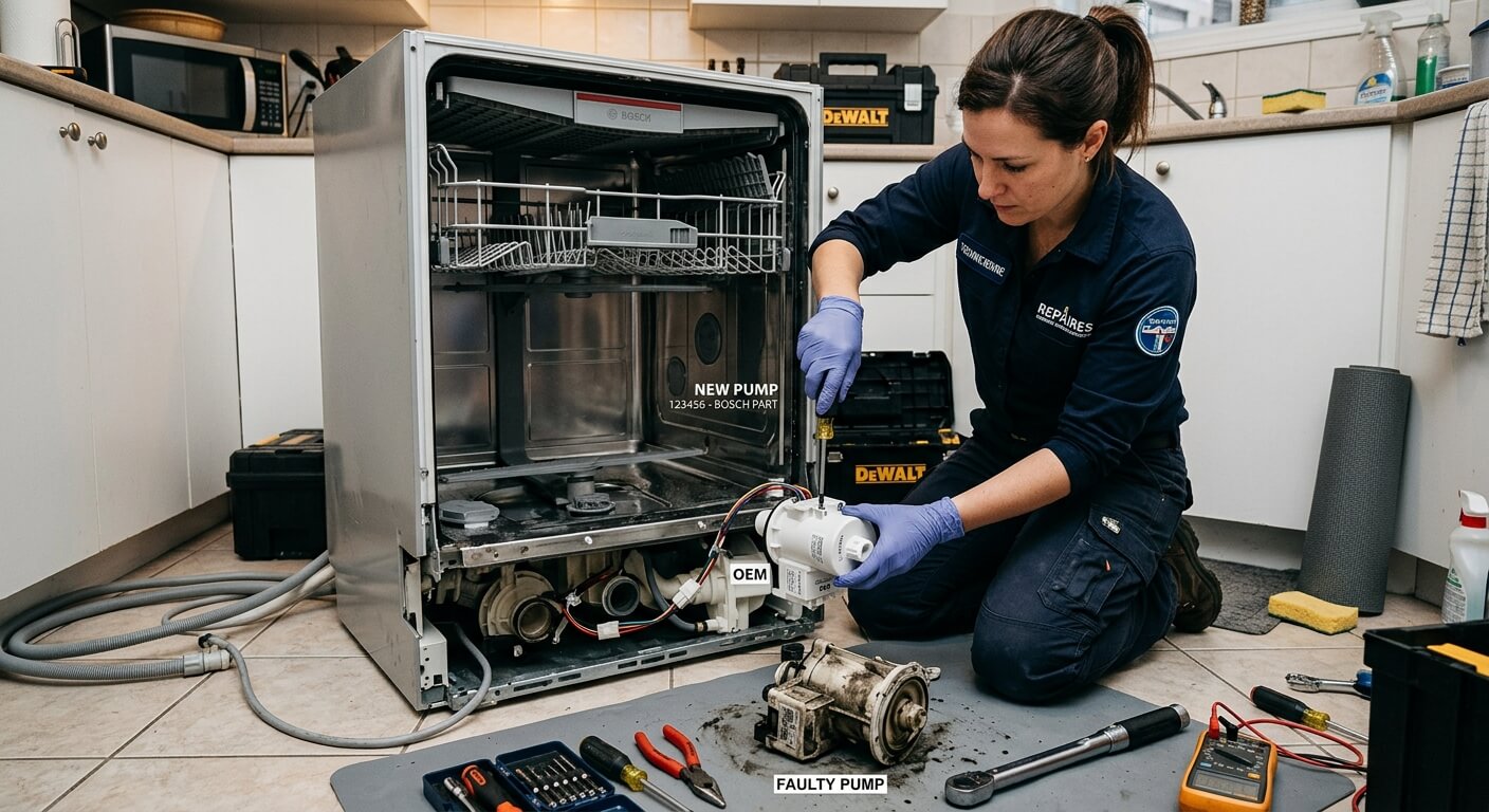 Remplacement d'une pompe de vidange défectueuse sur un lave-vaisselle après un diagnostic précis de la panne.