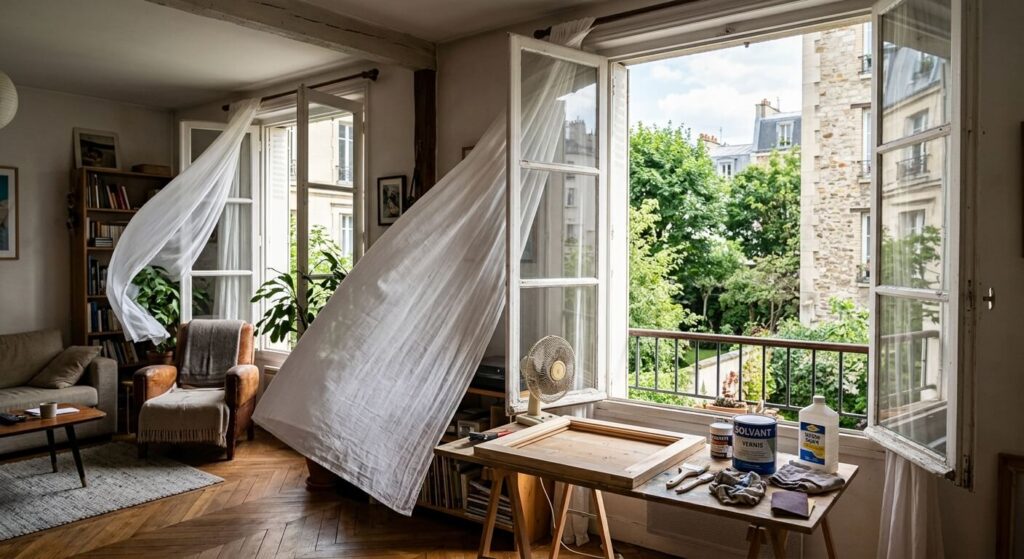 Odeur de white spirit dans la maison : causes et solutions 2 Fenêtre grande ouverte créant un courant d'air pour chasser les odeurs de solvant dans un salon.