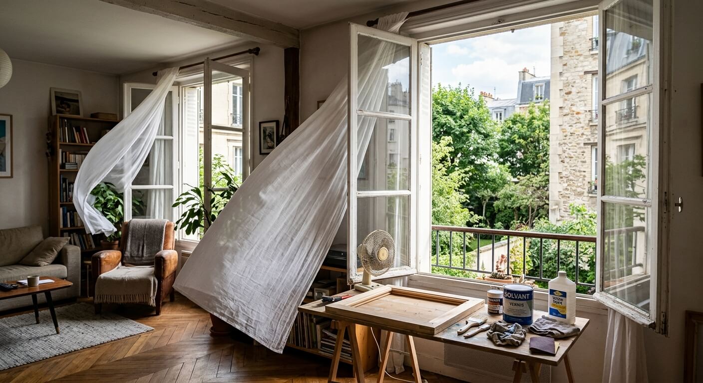 Fenêtre grande ouverte créant un courant d'air pour chasser les odeurs de solvant dans un salon.