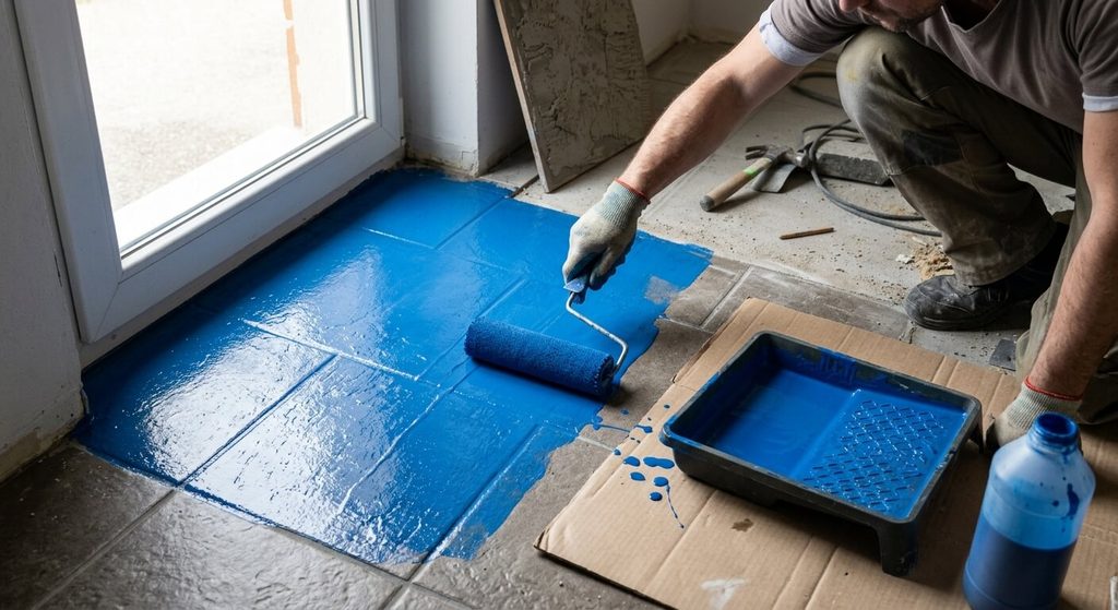 Bricoleur appliquant un primaire d'adhérence liquide bleu au rouleau sur un ancien carrelage avant encollage.