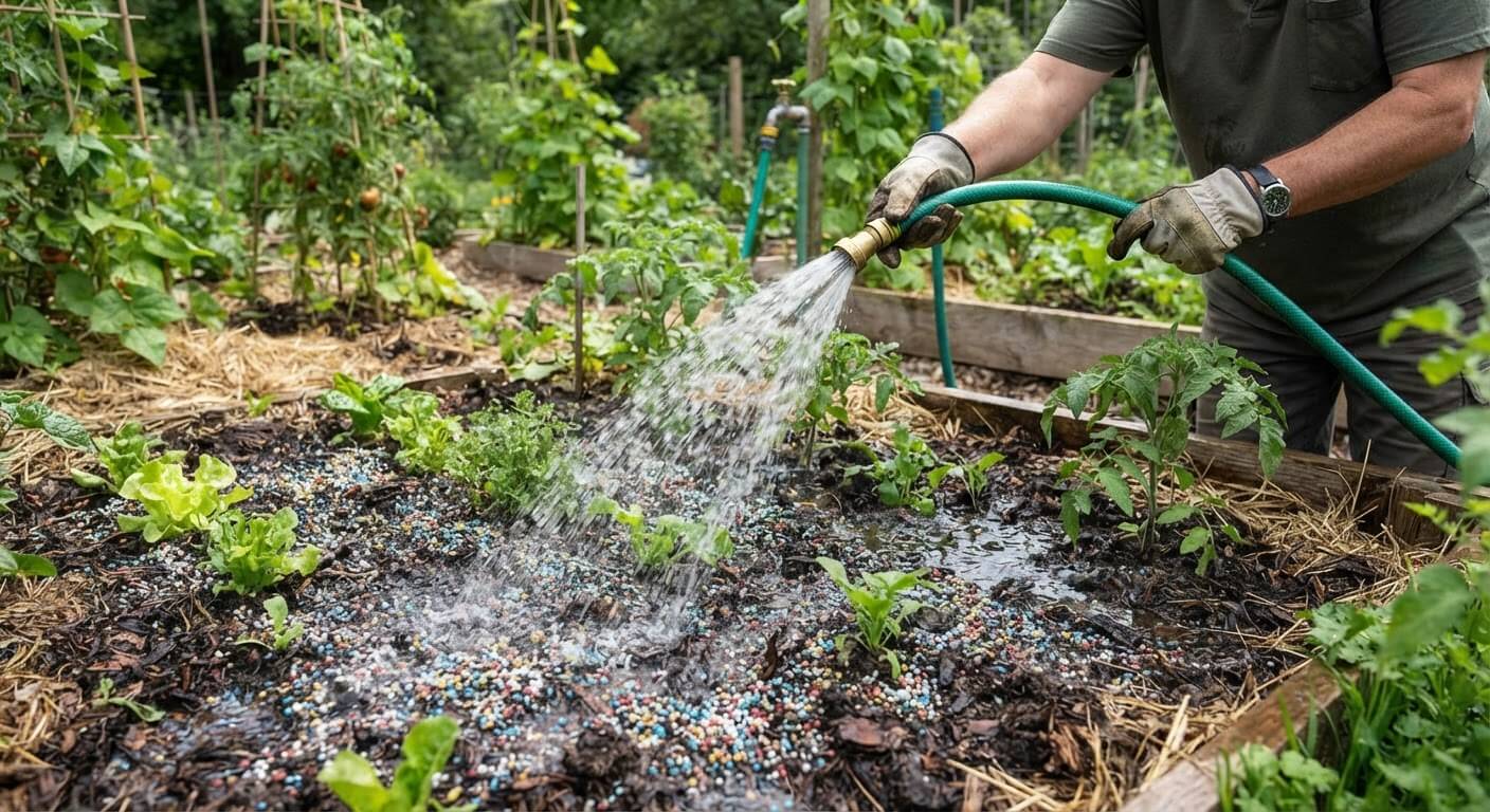Fréquence d'utilisation de l'engrais bleu : calendrier, dosage et risques de brûlure 4 Arrosage généreux au tuyau sur une terre enrichie en granulés minéraux pour dissoudre l'engrais.
