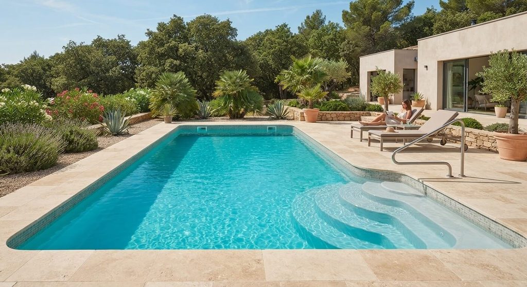 Bassin de piscine enterrée en coque polyester avec escalier immergé et eau turquoise.