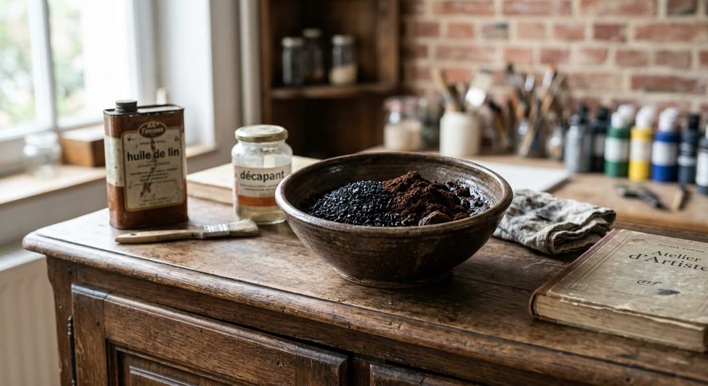 Odeur de white spirit dans la maison : causes et solutions 4 Coupelle de charbon actif et de marc de café disposée sur un meuble pour absorber les odeurs d'hydrocarbures.