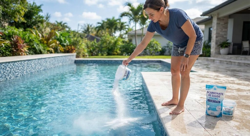 Eau de piscine verte : le remède de grand-mère qui marche 3 Versement de bicarbonate de soude en poudre le long des parois d'une piscine pour corriger le pH.