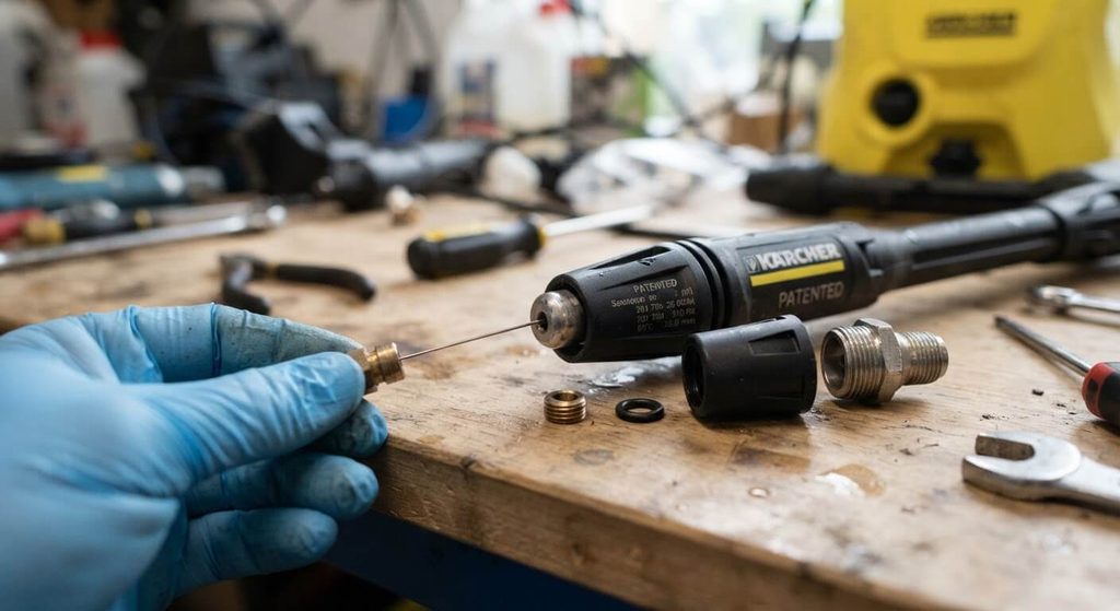 Mon Karcher tourne mais ne monte pas en pression : la solution 3 Buse de lance de nettoyeur haute pression Kärcher démontée pour débouchage avec une aiguille fine.