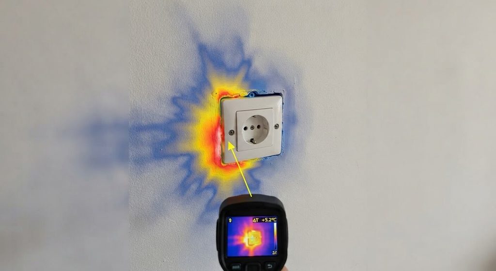 Test d'étanchéité à l'air non conforme : causes et solutions 3 Détection d'infiltrations d'air parasites au niveau d'une boîte d'encastrement électrique à la caméra thermique.