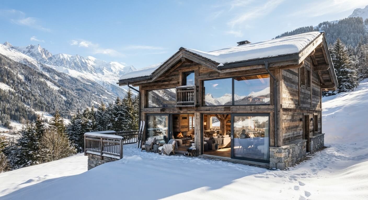 Chalet en bois à la montagne avec de grandes baies vitrées orientées plein sud pour capter l'ensoleillement hivernal.